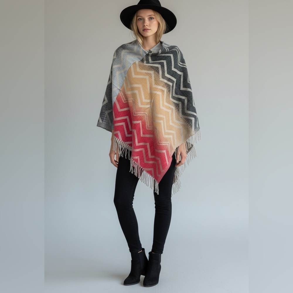 Elegant‎ Chevron Full Shawl/Poncho in Gray, Cream, and Red